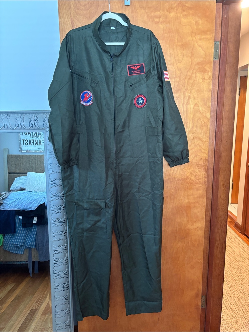 Men's Olive Green Flight-Style Bodysuit with Patch Details